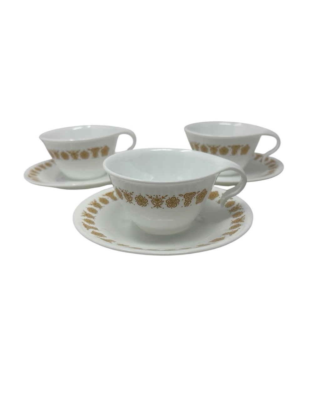 Corelle Butterfly Gold Tea Coffee Cups with Open Handles and Saucers Set of 3